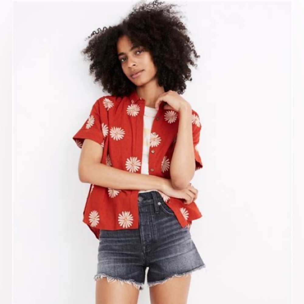Madewell Red Floral Short-Sleeve Button-Down Shirt